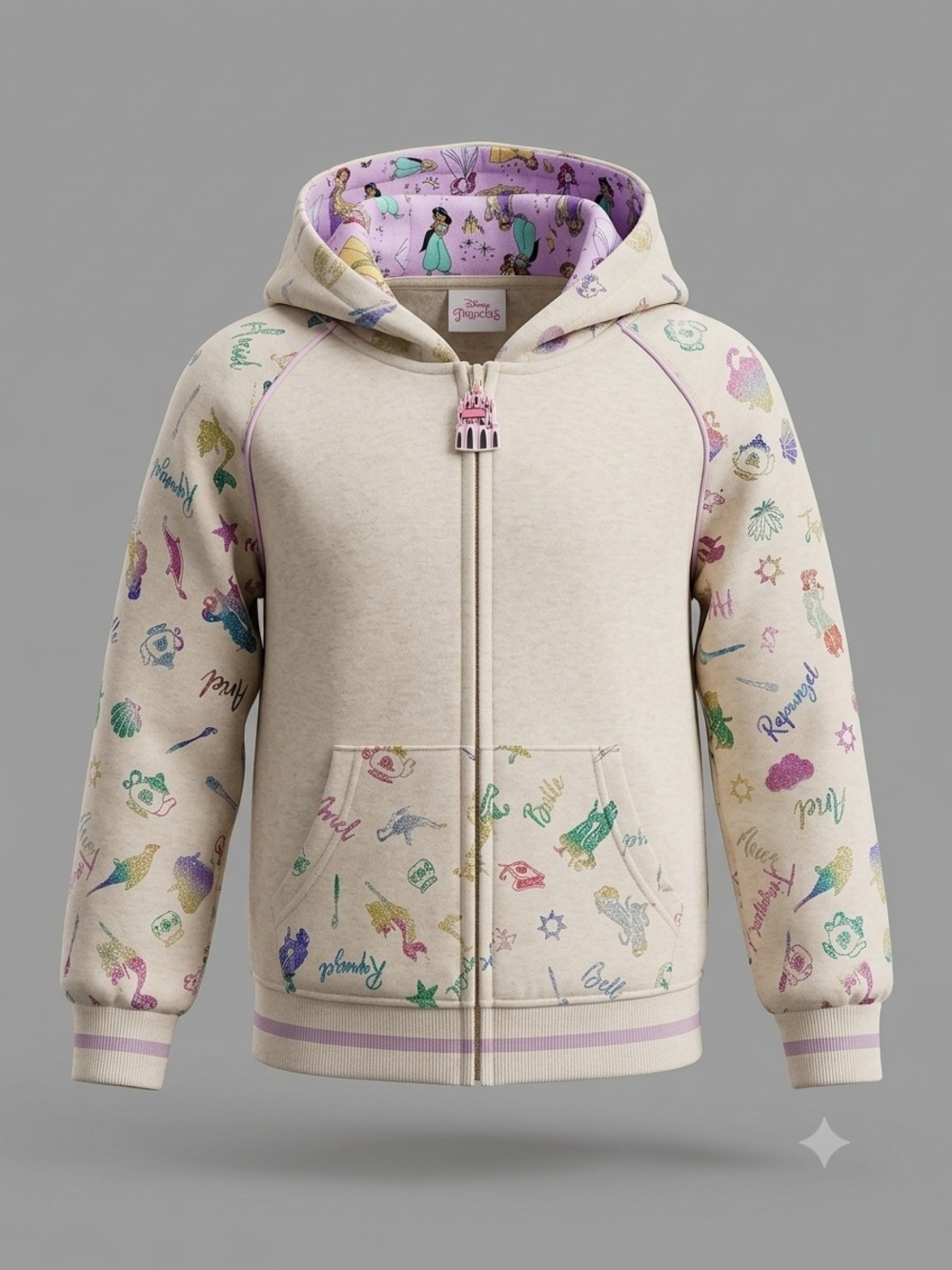 Disney Princess Zip-Up Hoodie | Size 6‎ | Glitter Sleeves & Castle Zipper
